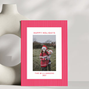 Pink Red Stripes Festive Family Vertical Photo  Holiday Card