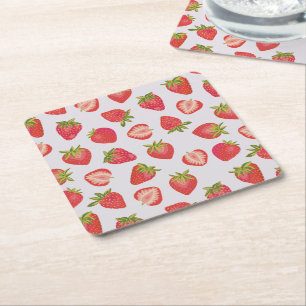 Pink Red Summer Strawberry pattern Square Paper Coaster