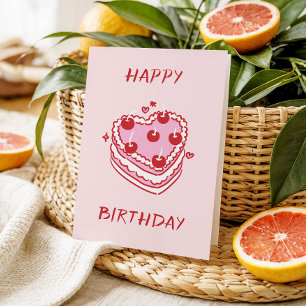 Pink & Red Sweet Dessert- Cute Heart Cake Birthday Card