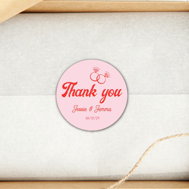 Pink & Red Thank you Wedding Favour  Classic Round Sticker (Creator Uploaded)