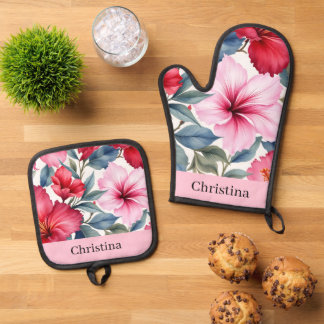 Pink Red Tropical Flowers  Oven Mitt & Pot Holder Set
