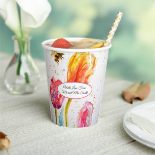Pink Red Tulip and Bee Watercolor Painting Wedding Paper Cups
