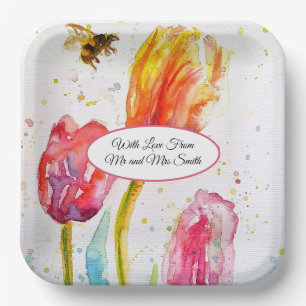 Pink Red Tulip and Bee Watercolor Painting Wedding Paper Plate