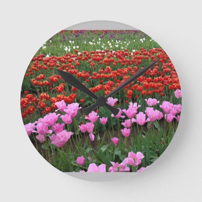 Pink & Red Tulip Field, Oregon Round Clock (Front)