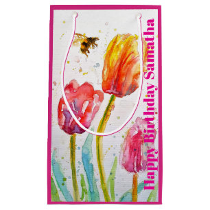 Pink Red Tulip Flower Watercolor Womans BIrthday Small Gift Bag