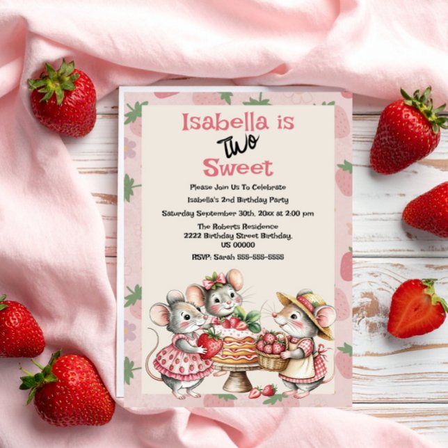 Pink Red Two Sweet Strawberry 2nd Birthday Party Invitation (Creator Uploaded)