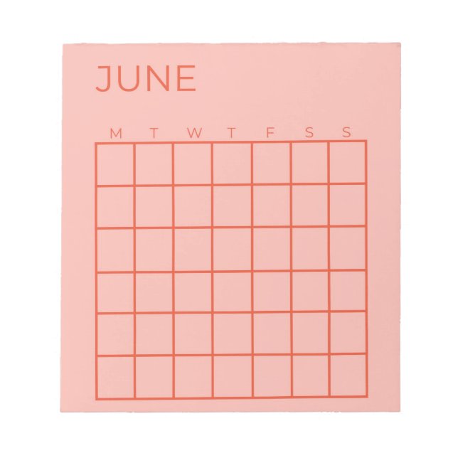 Pink Red Undated June Calendar for Organisation Notepad (Front)