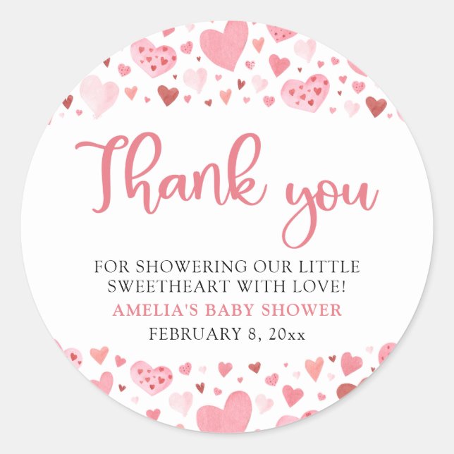 Pink Red Valentine A Little Sweetheart Baby Shower Classic Round Sticker (Front)
