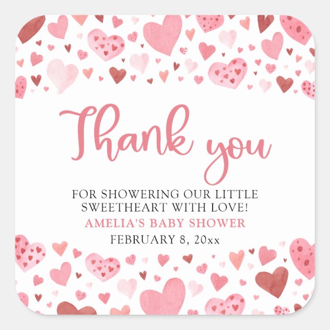 Pink Red Valentine A Little Sweetheart Baby Shower Square Sticker (Front)