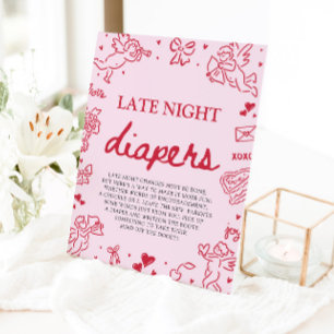 Pink Red Valentine Baby Shower Late Night Diapers Pedestal Sign