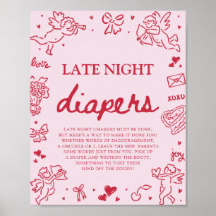 Pink Red Valentine Baby Shower Late Night Diapers Poster