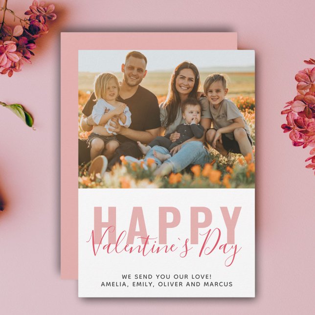 Pink Red Valentine`s Day Script Family Photo  Holiday Card (Creator Uploaded)