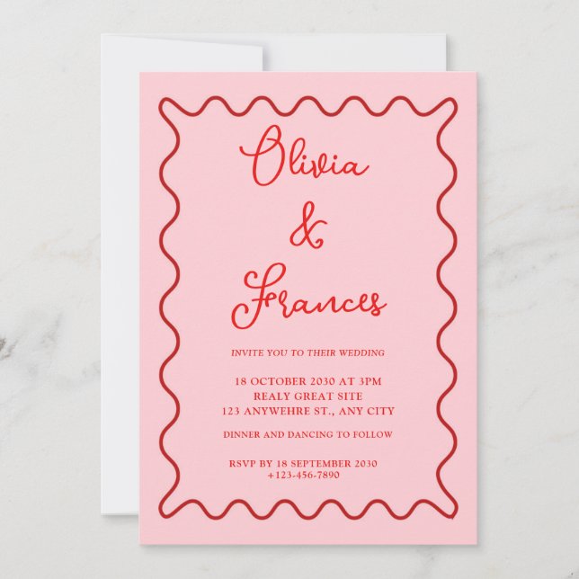 Pink Red Vintage Bow Wavy Frame Wedding Invitation (Front)