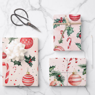Pink Red Vintage Christmas Wrapping Paper Sheet