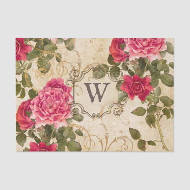 Pink Red Vintage Roses Monogrammed Initial Tissue Paper (Front)