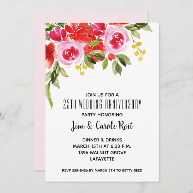 Pink Red Watercolor Floral Anniversary Invitation (Front/Back)