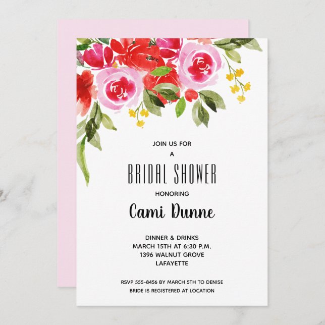 Pink Red Watercolor Floral Bridal Shower Invites (Front/Back)