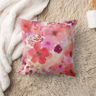 Pink Red Watercolor Floral  Cushion