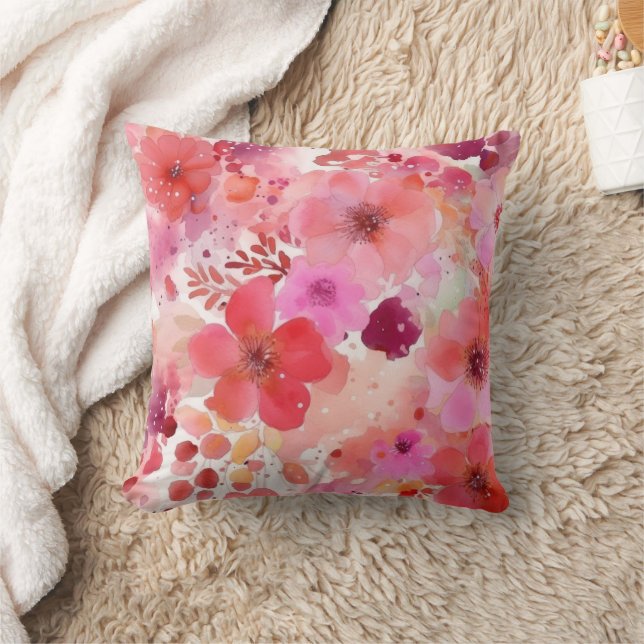 Pink Red Watercolor Floral  Cushion (Blanket)