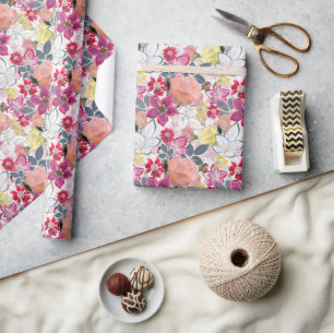 Pink, red watercolor flowers. wrapping paper