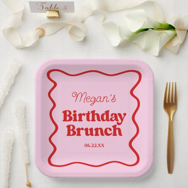 Pink Red Wavy Border Birthday Brunch Party Paper Plate (Wedding)
