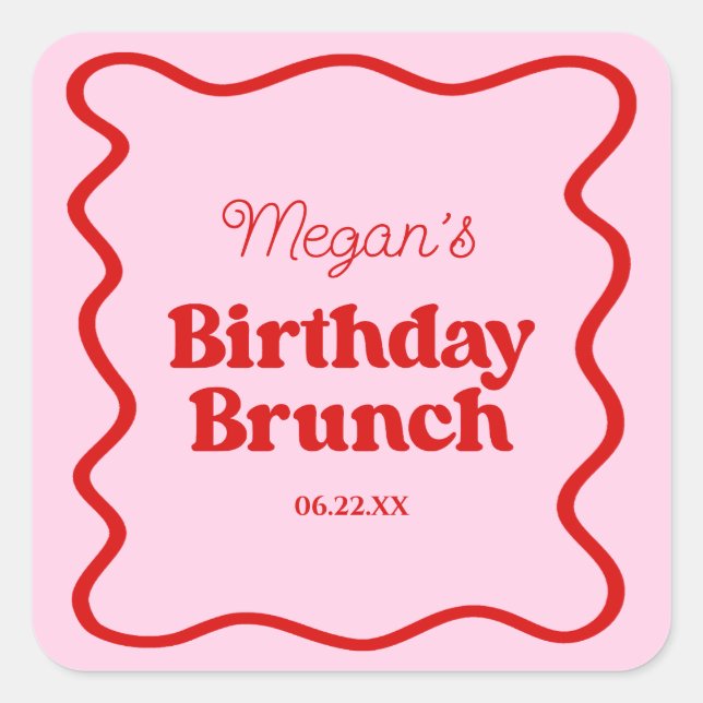 Pink Red Wavy Border Birthday Brunch Party Square Sticker (Front)