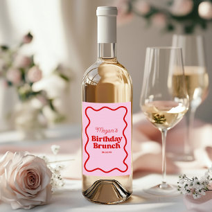 Pink Red Wavy Border Birthday Brunch Party Wine Label