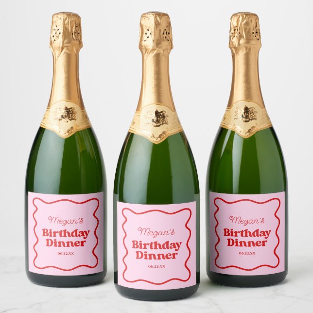 Pink Red Wavy Border Birthday Dinner Party Sparkling Wine Label (Bottles)