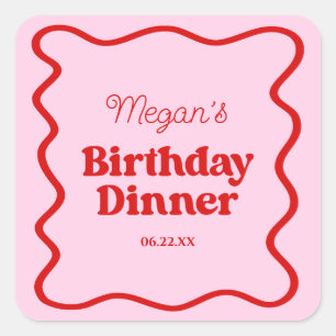 Pink Red Wavy Border Birthday Dinner Party Square Sticker