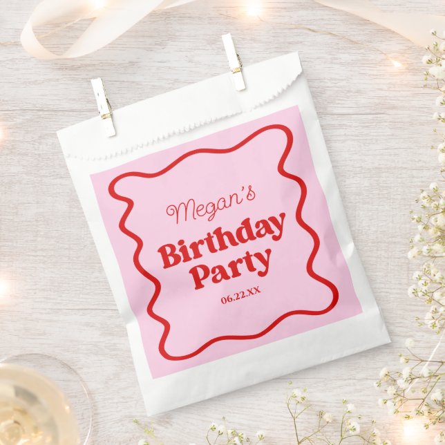 Pink Red Wavy Border Birthday Party Favour Bag (Clipped)