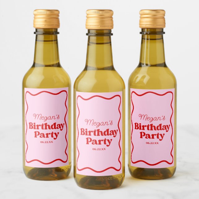 Pink Red Wavy Border Birthday Party Mini Wine Label (Bottles)