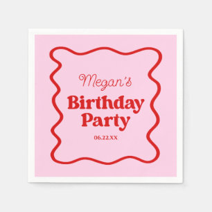 Pink Red Wavy Border Birthday Party Napkin