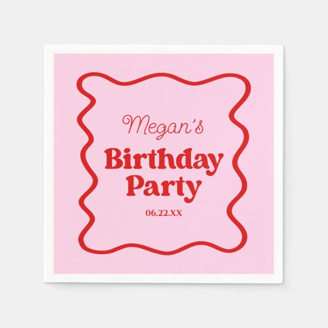 Pink Red Wavy Border Birthday Party Napkin (Front)