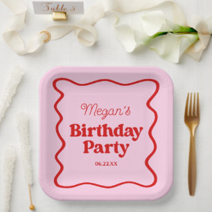 Pink Red Wavy Border Birthday Party Paper Plate