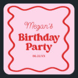 Pink Red Wavy Border Birthday Party Square Sticker<br><div class="desc">This is a Pink Red Retro Wavy Border Birthday Party Favour Stickers!</div>