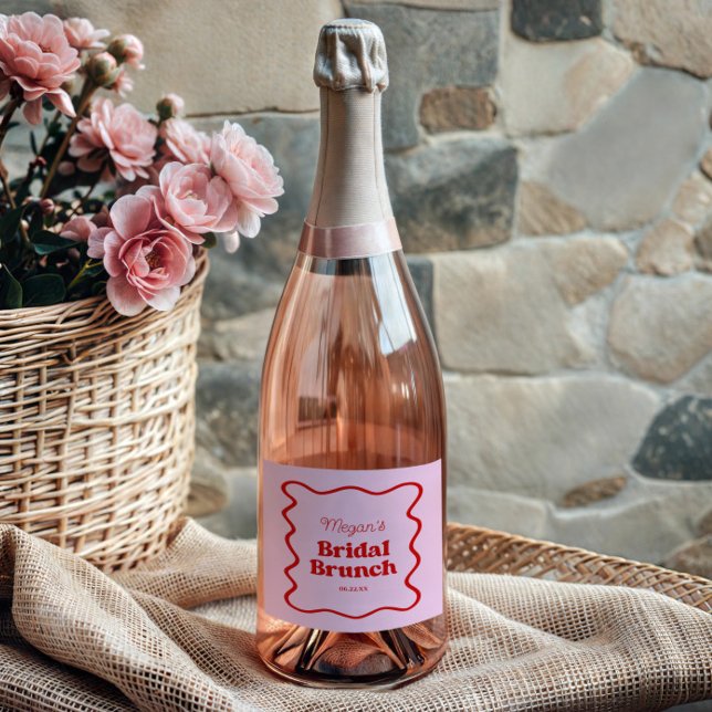 Pink Red Wavy Border Bridal Shower Brunch Sparkling Wine Label (Creator Uploaded)