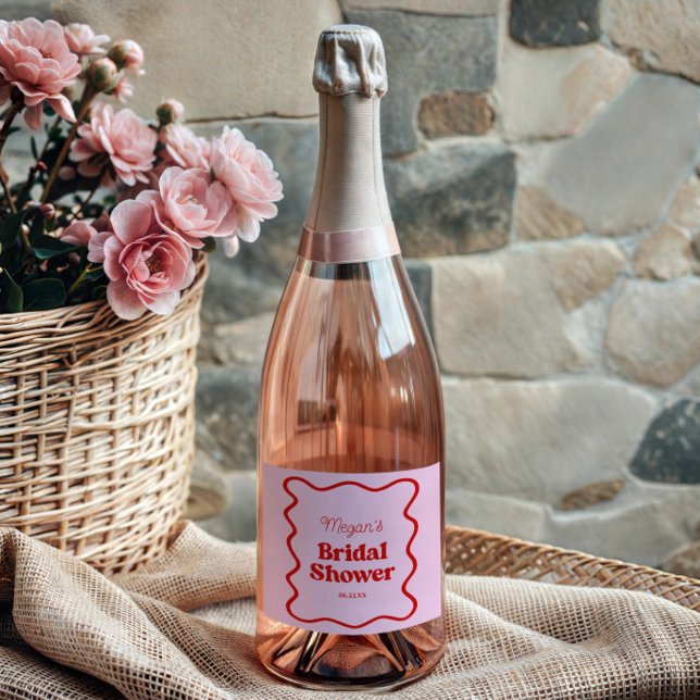 Pink Red Wavy Border Bridal Shower Sparkling Wine Label (Creator Uploaded)