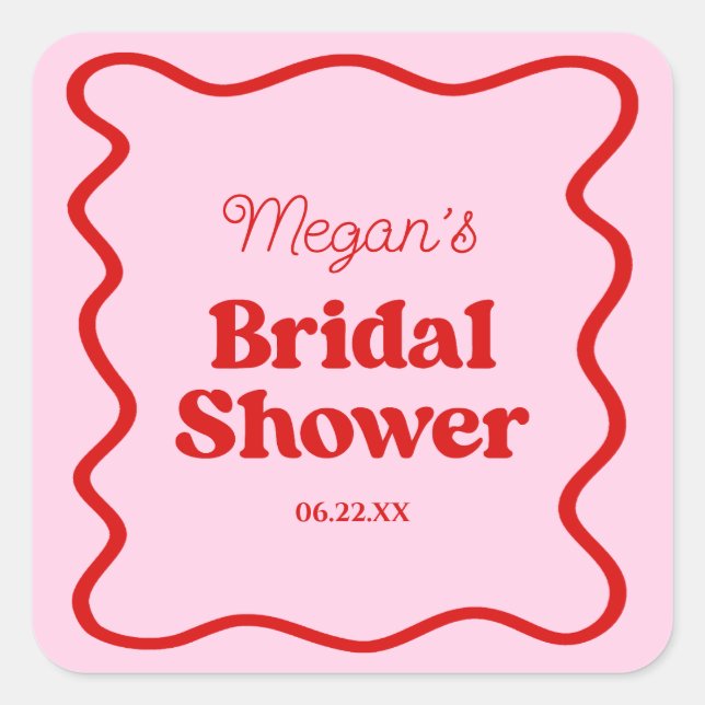 Pink Red Wavy Border Bridal Shower Square Sticker (Front)