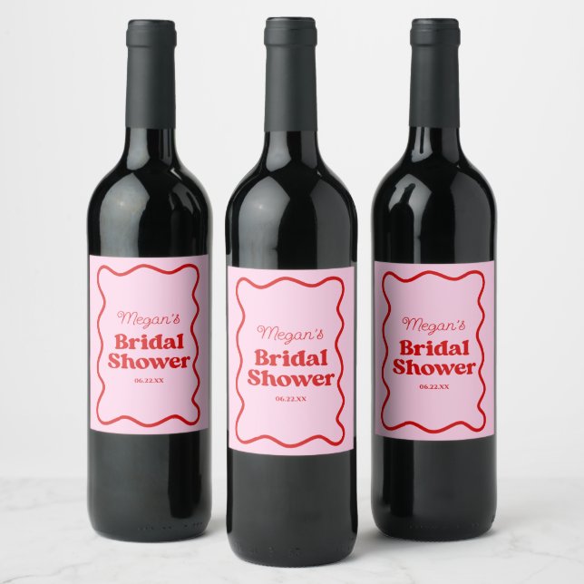 Pink Red Wavy Border Bridal Shower Wine Label (Bottles)