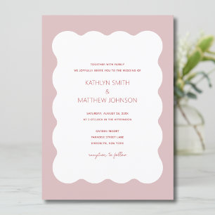 Pink Red Wavy Border Modern Retro Wedding Invitation