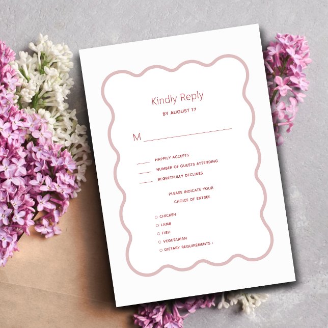 Pink Red Wavy Border Modern Retro Wedding RSVP Card (Creator Uploaded)