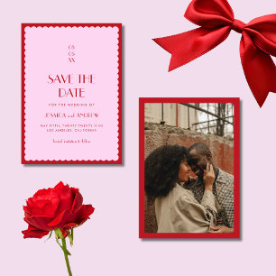 Pink & Red Wavy Photo Retro Seventies Wedding Save The Date