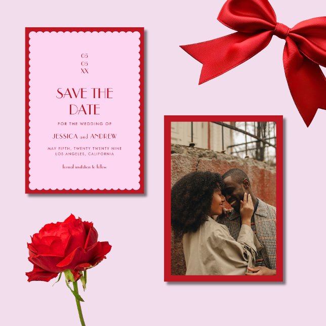 Pink & Red Wavy Photo Retro Seventies Wedding Save The Date (Creator Uploaded)