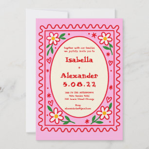 Pink Red Wavy Retro Hand Drawn Wedding Invitation