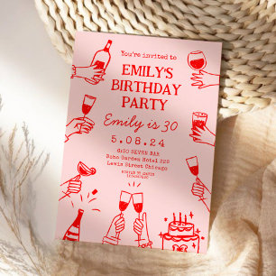 Pink Red Whimsical Hand Drawing Funky Birthday Invitation