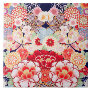 PINK RED WHITE FLOWERS Peony,Roses Japanese Floral Ceramic Tile