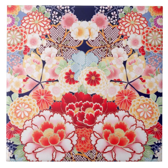 PINK RED WHITE FLOWERS Peony,Roses Japanese Floral Ceramic Tile (Front)