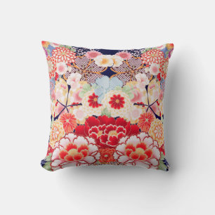 PINK RED WHITE FLOWERS Peony,Roses Japanese Floral Cushion