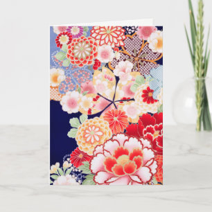 PINK RED WHITE FLOWERS Peony,Roses Japanese Floral Holiday Card