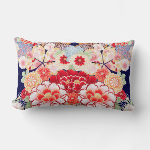 PINK RED WHITE FLOWERS Peony,Roses Japanese Floral Lumbar Cushion